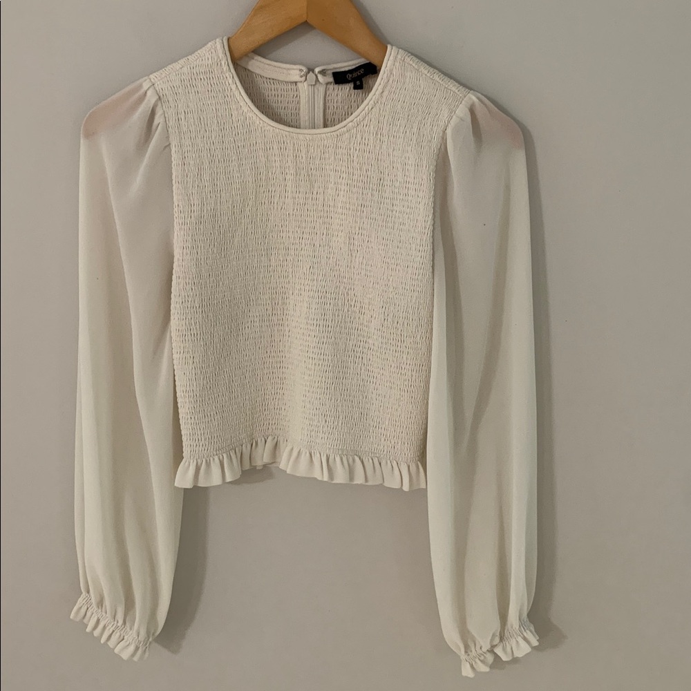 Quince Chiffon Cropped Smocked Blouse Ivory Size Small Fairy Feminine Romantic
